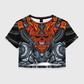 Женская футболка Crop-top 3D с принтом CyberSkull в Новосибирске, 100% полиэстер | круглая горловина, длина футболки до линии талии, рукава с отворотами | cyberpunk | evil | head | mask | mechanical | rage | robot | skull | арт | гнев | голова | демон | дьявол | злой | киберпанк | маска | механический | монстр | робот | рога | череп