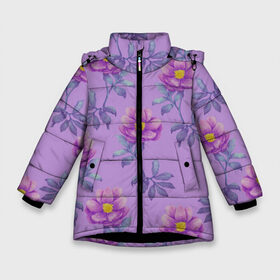 Зимняя куртка для девочек 3D с принтом Пионы на фиолетовом фоне в Новосибирске, ткань верха — 100% полиэстер; подклад — 100% полиэстер, утеплитель — 100% полиэстер. | длина ниже бедра, удлиненная спинка, воротник стойка и отстегивающийся капюшон. Есть боковые карманы с листочкой на кнопках, утяжки по низу изделия и внутренний карман на молнии. 

Предусмотрены светоотражающий принт на спинке, радужный светоотражающий элемент на пуллере молнии и на резинке для утяжки. | Тематика изображения на принте: 8 марта | flowers | march 8 | spring | ботаническая иллюстрация | весна | день рождения | желтый | лето | любовь | пионы | праздник | принт | природа | растения | фиолетовый | цветы