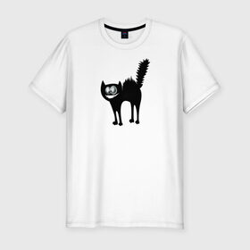 Мужская футболка хлопок Slim с принтом Забавный Кот в Новосибирске, 92% хлопок, 8% лайкра | приталенный силуэт, круглый вырез ворота, длина до линии бедра, короткий рукав | animals | beast | eyes | глаза | животные | забавный | звери | зубы | кот | котенок | кошка | прикол | пушистый | смешной | черный