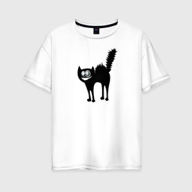 Женская футболка хлопок Oversize с принтом Забавный Кот в Новосибирске, 100% хлопок | свободный крой, круглый ворот, спущенный рукав, длина до линии бедер
 | animals | beast | eyes | глаза | животные | забавный | звери | зубы | кот | котенок | кошка | прикол | пушистый | смешной | черный