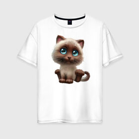 Женская футболка хлопок Oversize с принтом Милый Кот в Новосибирске, 100% хлопок | свободный крой, круглый ворот, спущенный рукав, длина до линии бедер
 | animals | beast | eyes | sweet | глаза | животные | забавный | звери | зубы | кот | котенок | кошка | милый | прикол | пушистый | смешной | черный