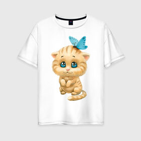 Женская футболка хлопок Oversize с принтом Милый Котёнок в Новосибирске, 100% хлопок | свободный крой, круглый ворот, спущенный рукав, длина до линии бедер
 | animals | beast | eyes | sweet | глаза | животные | забавный | звери | зубы | кот | котенок | кошка | милый | прикол | пушистый | смешной | черный