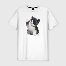 Мужская футболка хлопок Slim с принтом Котёнок в Новосибирске, 92% хлопок, 8% лайкра | приталенный силуэт, круглый вырез ворота, длина до линии бедра, короткий рукав | animals | beast | eyes | sweet | глаза | животные | забавный | звери | зубы | кот | котенок | кошка | милый | прикол | пушистый | смешной | черный