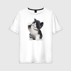 Женская футболка хлопок Oversize с принтом Котёнок в Новосибирске, 100% хлопок | свободный крой, круглый ворот, спущенный рукав, длина до линии бедер
 | animals | beast | eyes | sweet | глаза | животные | забавный | звери | зубы | кот | котенок | кошка | милый | прикол | пушистый | смешной | черный
