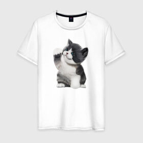 Мужская футболка хлопок с принтом Котёнок в Новосибирске, 100% хлопок | прямой крой, круглый вырез горловины, длина до линии бедер, слегка спущенное плечо. | animals | beast | eyes | sweet | глаза | животные | забавный | звери | зубы | кот | котенок | кошка | милый | прикол | пушистый | смешной | черный