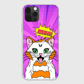 Чехол для iPhone 12 Pro с принтом Meow Pop Art Cat в Новосибирске, силикон | область печати: задняя сторона чехла, без боковых панелей | Тематика изображения на принте: comics | kitty | meow | pop art | pop cat | retro | арт | белый кот | взгляд | глаза | голова кота | животные | киска | комикс | кот | кошак | кошечка | мем | мультяшный | мур мур | мяу | поп арт | прикол | пушистик | ретро