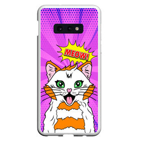 Чехол для Samsung S10E с принтом Meow Pop Art Cat в Новосибирске, Силикон | Область печати: задняя сторона чехла, без боковых панелей | comics | kitty | meow | pop art | pop cat | retro | арт | белый кот | взгляд | глаза | голова кота | животные | киска | комикс | кот | кошак | кошечка | мем | мультяшный | мур мур | мяу | поп арт | прикол | пушистик | ретро