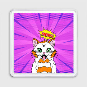 Магнит 55*55 с принтом Meow Pop Art Cat в Новосибирске, Пластик | Размер: 65*65 мм; Размер печати: 55*55 мм | Тематика изображения на принте: comics | kitty | meow | pop art | pop cat | retro | арт | белый кот | взгляд | глаза | голова кота | животные | киска | комикс | кот | кошак | кошечка | мем | мультяшный | мур мур | мяу | поп арт | прикол | пушистик | ретро