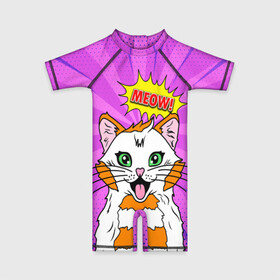 Детский купальный костюм 3D с принтом Meow Pop Art Cat в Новосибирске, Полиэстер 85%, Спандекс 15% | застежка на молнии на спине | comics | kitty | meow | pop art | pop cat | retro | арт | белый кот | взгляд | глаза | голова кота | животные | киска | комикс | кот | кошак | кошечка | мем | мультяшный | мур мур | мяу | поп арт | прикол | пушистик | ретро