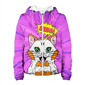 Женская куртка 3D с принтом Meow Pop Art Cat в Новосибирске, ткань верха — 100% полиэстер, подклад — флис | прямой крой, подол и капюшон оформлены резинкой с фиксаторами, два кармана без застежек по бокам, один большой потайной карман на груди. Карман на груди застегивается на липучку | Тематика изображения на принте: comics | kitty | meow | pop art | pop cat | retro | арт | белый кот | взгляд | глаза | голова кота | животные | киска | комикс | кот | кошак | кошечка | мем | мультяшный | мур мур | мяу | поп арт | прикол | пушистик | ретро