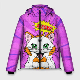Мужская зимняя куртка 3D с принтом Meow Pop Art Cat в Новосибирске, верх — 100% полиэстер; подкладка — 100% полиэстер; утеплитель — 100% полиэстер | длина ниже бедра, свободный силуэт Оверсайз. Есть воротник-стойка, отстегивающийся капюшон и ветрозащитная планка. 

Боковые карманы с листочкой на кнопках и внутренний карман на молнии. | Тематика изображения на принте: comics | kitty | meow | pop art | pop cat | retro | арт | белый кот | взгляд | глаза | голова кота | животные | киска | комикс | кот | кошак | кошечка | мем | мультяшный | мур мур | мяу | поп арт | прикол | пушистик | ретро