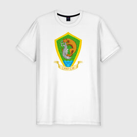 Мужская футболка хлопок Slim с принтом Удачливый кот в Новосибирске, 92% хлопок, 8% лайкра | приталенный силуэт, круглый вырез ворота, длина до линии бедра, короткий рукав | герб | кот | подарки | рыба | рыбалка