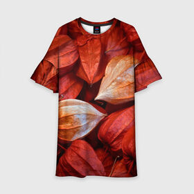 Детское платье 3D с принтом прекрасный красный физалис в Новосибирске, 100% полиэстер | прямой силуэт, чуть расширенный к низу. Круглая горловина, на рукавах — воланы | красноватый | красные коробочки | красный | листья | осень | прикольный | природа | растения | текстура | теплый | фезалис | физалис | фонарики