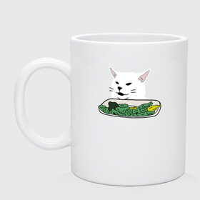 Кружка с принтом Смадж и овощи в Новосибирске, керамика | объем — 330 мл, диаметр — 80 мм. Принт наносится на бока кружки, можно сделать два разных изображения | animals | cat | cat meme | kitty | memes | smudge | белый кот | голова кота | еда | животные | звери | злой кот | интернет мемы | интернет приколы | кот за столом | кот мем | котенок | кошак | мемы | овощи | питомец | смадж