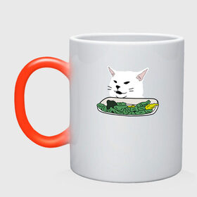 Кружка хамелеон с принтом Смадж и овощи в Новосибирске, керамика | меняет цвет при нагревании, емкость 330 мл | animals | cat | cat meme | kitty | memes | smudge | белый кот | голова кота | еда | животные | звери | злой кот | интернет мемы | интернет приколы | кот за столом | кот мем | котенок | кошак | мемы | овощи | питомец | смадж
