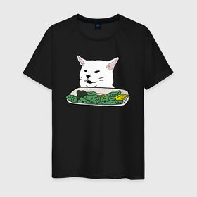 Мужская футболка хлопок с принтом Смадж и овощи в Новосибирске, 100% хлопок | прямой крой, круглый вырез горловины, длина до линии бедер, слегка спущенное плечо. | animals | cat | cat meme | kitty | memes | smudge | белый кот | голова кота | еда | животные | звери | злой кот | интернет мемы | интернет приколы | кот за столом | кот мем | котенок | кошак | мемы | овощи | питомец | смадж