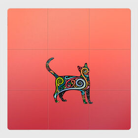 Магнитный плакат 3Х3 с принтом внутренний кот арт в Новосибирске, Полимерный материал с магнитным слоем | 9 деталей размером 9*9 см | арт | внутренний зверь | дудлинг | завитушки | киса | кот | котик | котэ | кошка | узор | хиппи | яркий