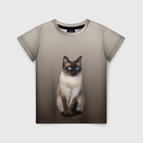 Детская футболка 3D с принтом Сиамский кот голубые глаза в Новосибирске, 100% гипоаллергенный полиэфир | прямой крой, круглый вырез горловины, длина до линии бедер, чуть спущенное плечо, ткань немного тянется | арт | бежевый | градиент | киса | коричневый | кот | котейка | котенок | котик | котэ | кошка | реализм | сиамец | сиамский