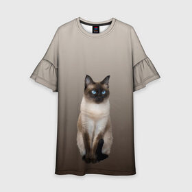 Детское платье 3D с принтом Сиамский кот голубые глаза в Новосибирске, 100% полиэстер | прямой силуэт, чуть расширенный к низу. Круглая горловина, на рукавах — воланы | арт | бежевый | градиент | киса | коричневый | кот | котейка | котенок | котик | котэ | кошка | реализм | сиамец | сиамский