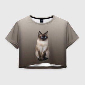 Женская футболка Crop-top 3D с принтом Сиамский кот голубые глаза в Новосибирске, 100% полиэстер | круглая горловина, длина футболки до линии талии, рукава с отворотами | арт | бежевый | градиент | киса | коричневый | кот | котейка | котенок | котик | котэ | кошка | реализм | сиамец | сиамский