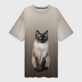 Платье-футболка 3D с принтом Сиамский кот голубые глаза в Новосибирске,  |  | арт | бежевый | градиент | киса | коричневый | кот | котейка | котенок | котик | котэ | кошка | реализм | сиамец | сиамский