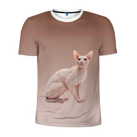 Мужская футболка 3D спортивная с принтом Лысый кот сфинкс в Новосибирске, 100% полиэстер с улучшенными характеристиками | приталенный силуэт, круглая горловина, широкие плечи, сужается к линии бедра | арт | бежевый | без шерсти | градиент | домашний питомец | киса | кот | котейка | котенок | котик | котэ | кошка | лысый | реализм | складки кожи | сфинкс | экзотика