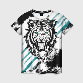 Женская футболка 3D с принтом Голубоглазый тигр в Новосибирске, 100% полиэфир ( синтетическое хлопкоподобное полотно) | прямой крой, круглый вырез горловины, длина до линии бедер | абстракция | агрессивный | злой | зубы | клякса | пасть | полоски | полосы | суровый | тигр | чернота