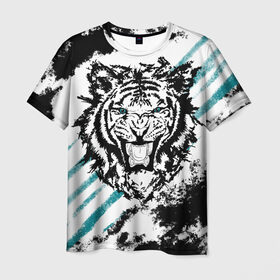 Мужская футболка 3D с принтом Голубоглазый тигр в Новосибирске, 100% полиэфир | прямой крой, круглый вырез горловины, длина до линии бедер | Тематика изображения на принте: абстракция | агрессивный | злой | зубы | клякса | пасть | полоски | полосы | суровый | тигр | чернота