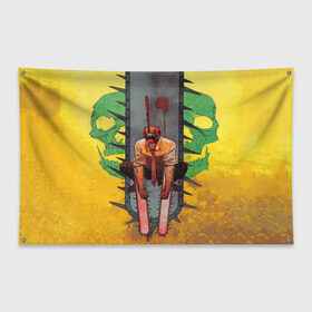 Флаг-баннер с принтом Человек бензопила демон в Новосибирске, 100% полиэстер | размер 67 х 109 см, плотность ткани — 95 г/м2; по краям флага есть четыре люверса для крепления | anime | chainsaw man | manga | аниме | бензопила | демон | желтый | манга | ржавчина | человек бензопила | череп.