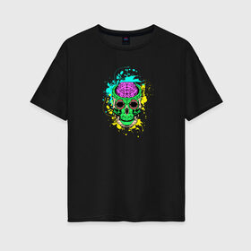 Женская футболка хлопок Oversize с принтом Psychedelic skull в Новосибирске, 100% хлопок | свободный крой, круглый ворот, спущенный рукав, длина до линии бедер
 | skull | брызги | мозг | монстр | психоделика | скелет | череп | чудовище