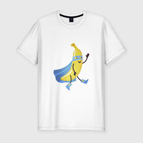 Мужская футболка хлопок Slim с принтом Baana man в Новосибирске, 92% хлопок, 8% лайкра | приталенный силуэт, круглый вырез ворота, длина до линии бедра, короткий рукав | Тематика изображения на принте: banana | man | superhero | банан | супергерой | человек банан