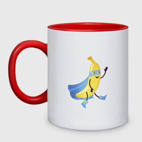 Кружка двухцветная с принтом Baana man в Новосибирске, керамика | объем — 330 мл, диаметр — 80 мм. Цветная ручка и кайма сверху, в некоторых цветах — вся внутренняя часть | banana | man | superhero | банан | супергерой | человек банан