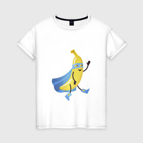 Женская футболка хлопок с принтом Baana man в Новосибирске, 100% хлопок | прямой крой, круглый вырез горловины, длина до линии бедер, слегка спущенное плечо | banana | man | superhero | банан | супергерой | человек банан