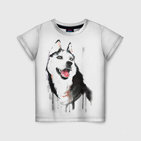 Детская футболка 3D с принтом Хаски красками в Новосибирске, 100% гипоаллергенный полиэфир | прямой крой, круглый вырез горловины, длина до линии бедер, чуть спущенное плечо, ткань немного тянется | Тематика изображения на принте: dogs | рисунок | собаки | хаски | щенок