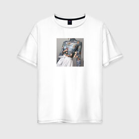 Женская футболка хлопок Oversize с принтом Aesthetik в Новосибирске, 100% хлопок | свободный крой, круглый ворот, спущенный рукав, длина до линии бедер
 | Тематика изображения на принте: ангелы | белый | небо | нежность | цветы | эстэтика