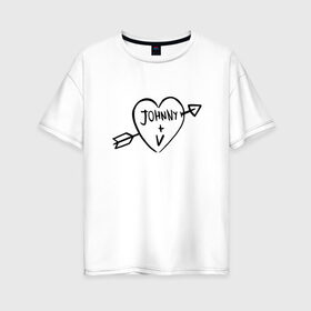 Женская футболка хлопок Oversize с принтом Johnny + V в Новосибирске, 100% хлопок | свободный крой, круглый ворот, спущенный рукав, длина до линии бедер
 | johnny | silverhand | ви | киберпанк | сердце | татуировка