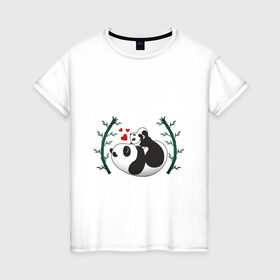 Женская футболка хлопок с принтом Мама панда с малышом в Новосибирске, 100% хлопок | прямой крой, круглый вырез горловины, длина до линии бедер, слегка спущенное плечо | baby | mom | panda | бамбук | малыш | мама | панда | ребенок