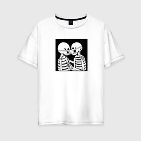 Женская футболка хлопок Oversize с принтом Covid-19 в Новосибирске, 100% хлопок | свободный крой, круглый ворот, спущенный рукав, длина до линии бедер
 | covid | covid 19 | вирус | корона | корона вирус | любовь | люди | маска | маски | поцелуй | скелет | скелеты | череп | черно белое