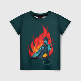 Детская футболка 3D с принтом Бирюзовый дракон в Новосибирске, 100% гипоаллергенный полиэфир | прямой крой, круглый вырез горловины, длина до линии бедер, чуть спущенное плечо, ткань немного тянется | бирюзовый цвет | графика | дракон | огонь | персонаж | пламя | рисунок | фэнтези