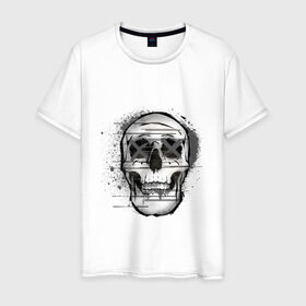 Мужская футболка хлопок с принтом Череп с крестиками вместо глаз в Новосибирске, 100% хлопок | прямой крой, круглый вырез горловины, длина до линии бедер, слегка спущенное плечо. | Тематика изображения на принте: 666 | cross | dead | death | demon | devil | glitch | horror | skull | splatter | глитч | демон | дьявол | крест | череп