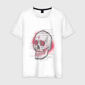 Мужская футболка хлопок с принтом Череп с крестиками вместо глаз в Новосибирске, 100% хлопок | прямой крой, круглый вырез горловины, длина до линии бедер, слегка спущенное плечо. | Тематика изображения на принте: 666 | blood | creep | creepy | cross | dead | death | demon | devil | glitch | horror | scary | skull | splatter | spooky | глитч | демон | дьявол | кровь | перевёрнутый крест | череп