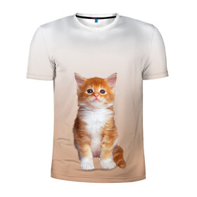Мужская футболка 3D спортивная с принтом бело-рыжий котенок реализм в Новосибирске, 100% полиэстер с улучшенными характеристиками | приталенный силуэт, круглая горловина, широкие плечи, сужается к линии бедра | Тематика изображения на принте: cat | kitten | бело рыжий | градиент | кот | котейка | котенок | котеночек | котик | котофей | котэ | кошка | малыш | милаш | мяу | нэко | реализм | рыже белый