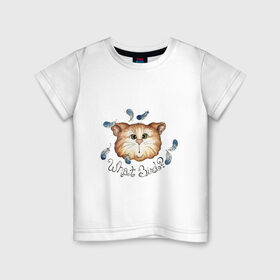 Детская футболка хлопок с принтом котик и перья птичик в Новосибирске, 100% хлопок | круглый вырез горловины, полуприлегающий силуэт, длина до линии бедер | влюбленный | котенок | котик | минимализм | перья | простой | птичка | рисунок