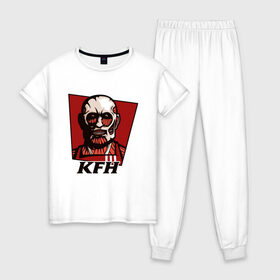 Женская пижама хлопок с принтом KFH - Kentucky Fried Human в Новосибирске, 100% хлопок | брюки и футболка прямого кроя, без карманов, на брюках мягкая резинка на поясе и по низу штанин | anime | attack | fried | human | kentucky | kfh | kyojin | manga | no | of | on | shingeki | titan | titans | аниме | армин | атака | бертольд | колосс | колоссальный | манга | микаса | райнер | титан | титанов | титаны | человек | энни