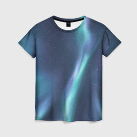 Женская футболка 3D с принтом Северное Сияние в Новосибирске, 100% полиэфир ( синтетическое хлопкоподобное полотно) | прямой крой, круглый вырез горловины, длина до линии бедер | звёздное небо | зелёный | северное небо. | синий | фиолетовый
