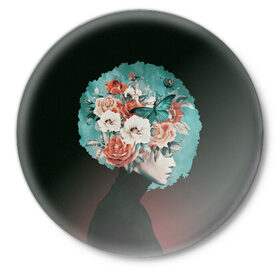 Значок с принтом Girl in flowers в Новосибирске,  металл | круглая форма, металлическая застежка в виде булавки | 8 марта | лучшая в мире | мама | подарок | подарок женщине | подарок любимым | подарок на 8 марта | самая лучшая  в мире | семья