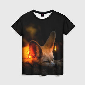 Женская футболка 3D с принтом Лисичка с фонариками в Новосибирске, 100% полиэфир ( синтетическое хлопкоподобное полотно) | прямой крой, круглый вырез горловины, длина до линии бедер | fox | foxy | животное | звери | лиса | лисенок | лисичка | милая | рыжая | фокс