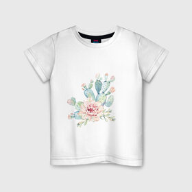 Детская футболка хлопок с принтом цветущий кактус акварель в Новосибирске, 100% хлопок | круглый вырез горловины, полуприлегающий силуэт, длина до линии бедер | Тематика изображения на принте: акварель | акварельный | весна | кактус | мило | природа | растение | рисунок | суккулент | цветение | цветок | цветущий