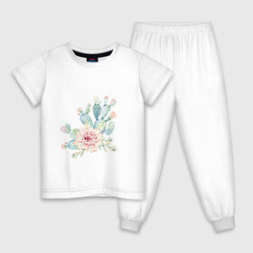Детская пижама хлопок с принтом цветущий кактус акварель в Новосибирске, 100% хлопок |  брюки и футболка прямого кроя, без карманов, на брюках мягкая резинка на поясе и по низу штанин
 | Тематика изображения на принте: акварель | акварельный | весна | кактус | мило | природа | растение | рисунок | суккулент | цветение | цветок | цветущий