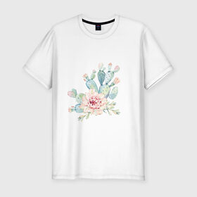 Мужская футболка хлопок Slim с принтом цветущий кактус акварель в Новосибирске, 92% хлопок, 8% лайкра | приталенный силуэт, круглый вырез ворота, длина до линии бедра, короткий рукав | акварель | акварельный | весна | кактус | мило | природа | растение | рисунок | суккулент | цветение | цветок | цветущий
